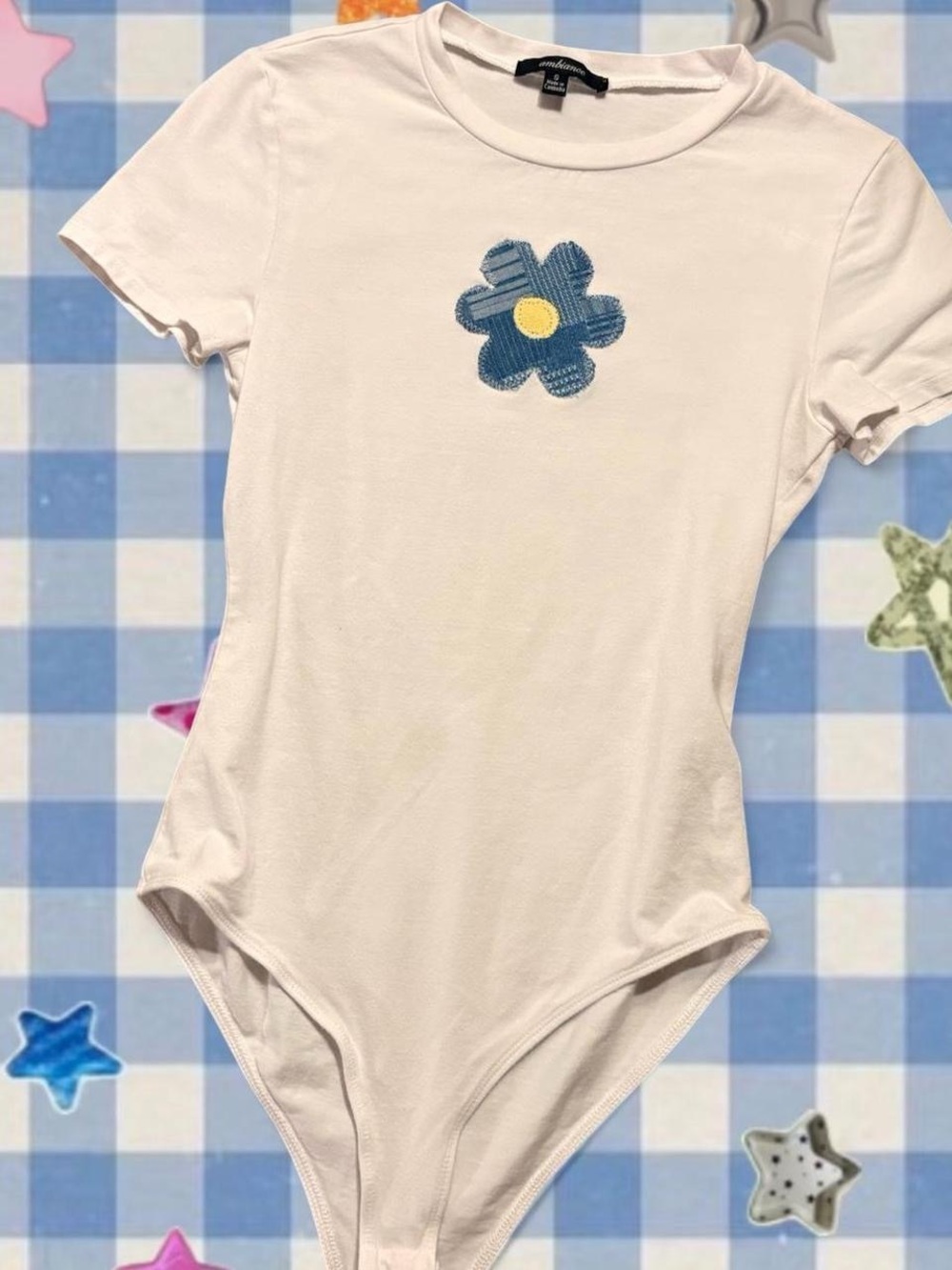 Denim patchwork flower bodysuit